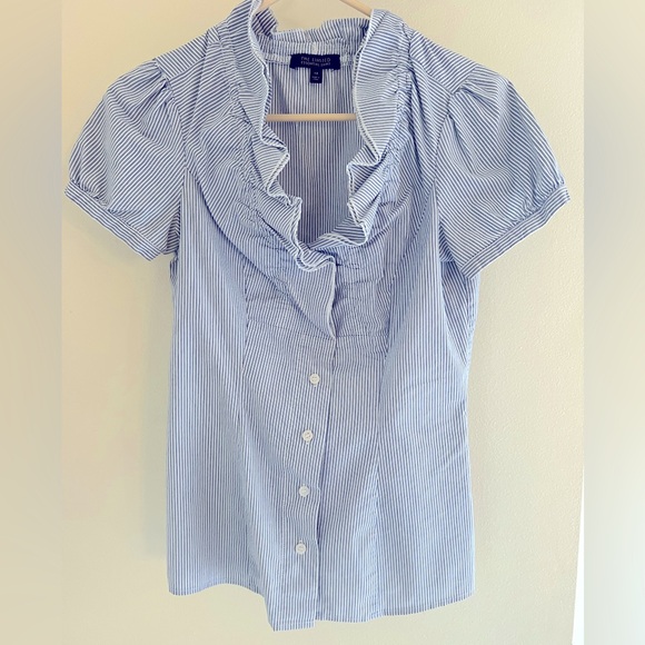 The Limited Tops - The Limited Striped Short Sleeve Ruffle Shirt Size XS